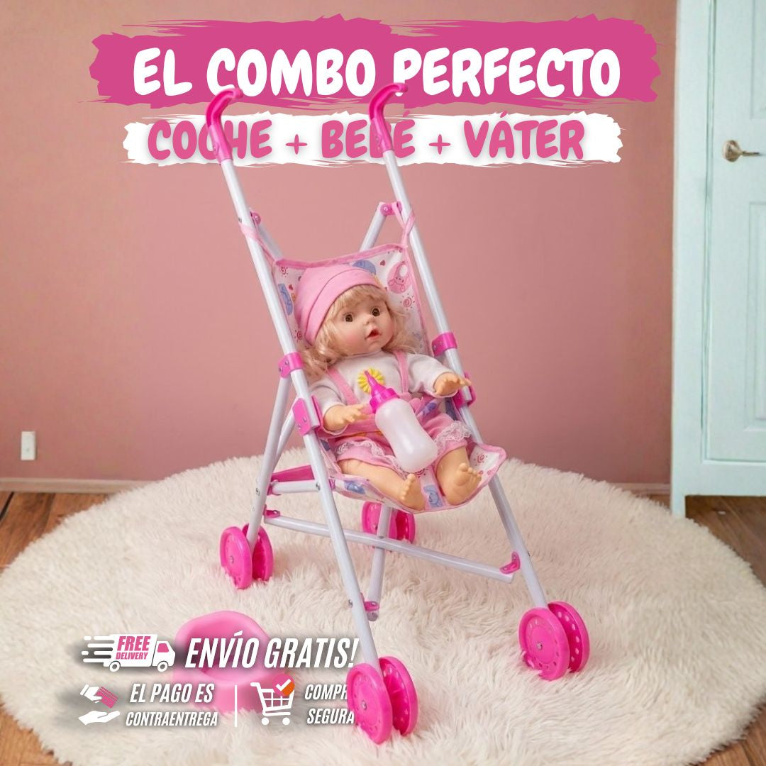COMBO Cochesito Con Bebé de Juguete, Tetero y Vater