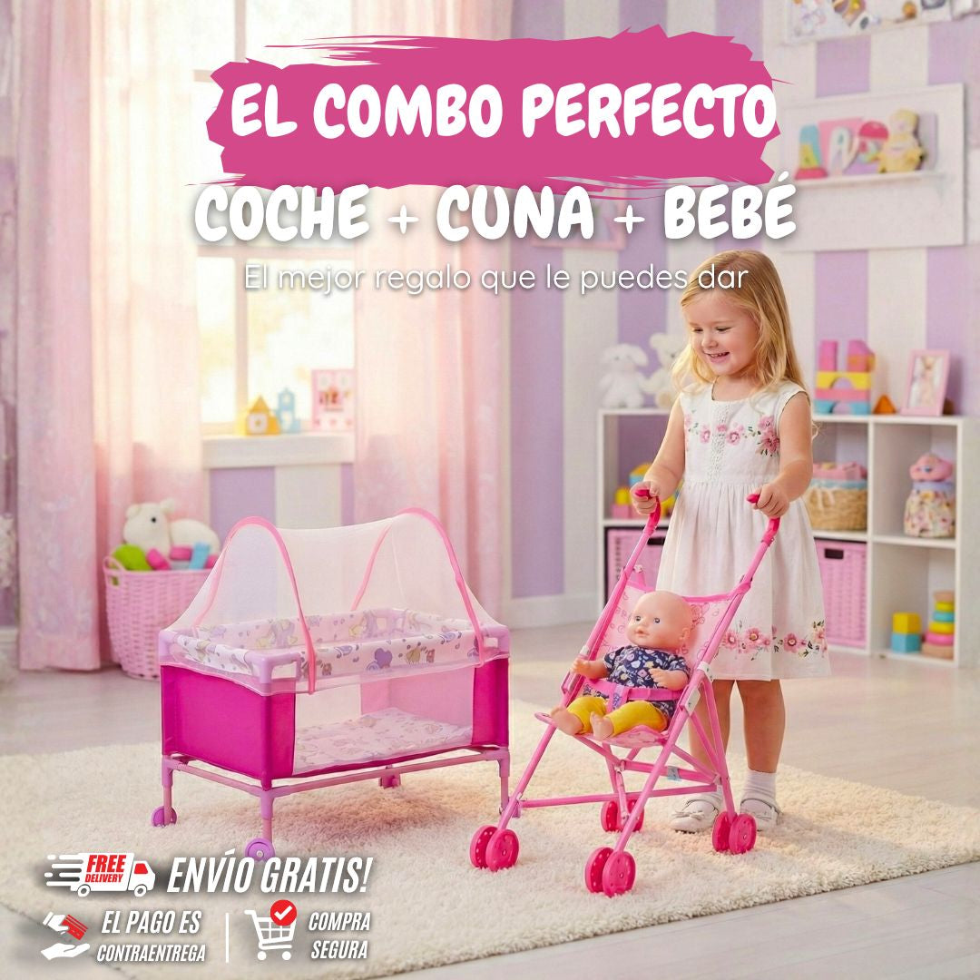 COMBO Cochesito con Cuna y Bebé de Juguete