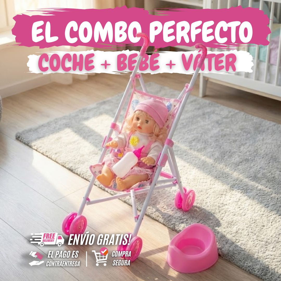 COMBO Cochesito Con Bebé de Juguete, Tetero y Vater